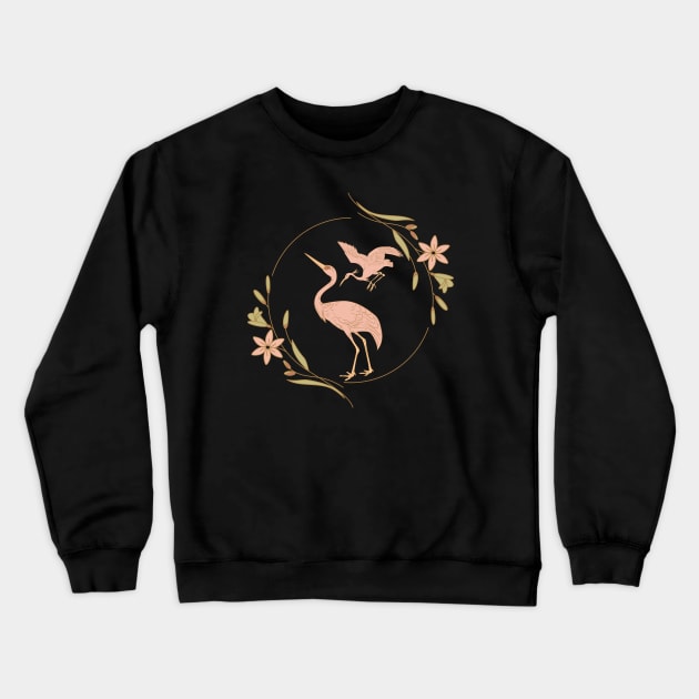 Pink Crane - Vintage Floral Bird Crewneck Sweatshirt by TopKnotDesign